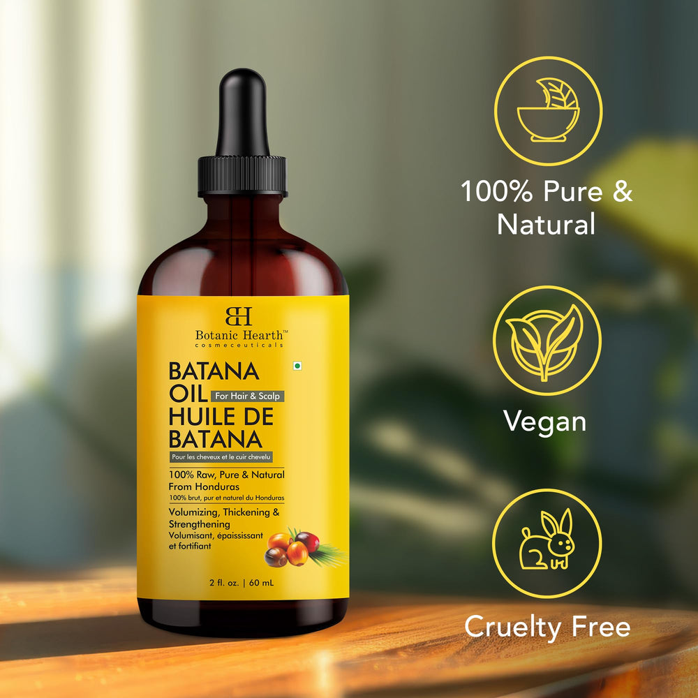 Ingredient-rich Botanic Hearth Batana Oil in a sleek bottle close-up.