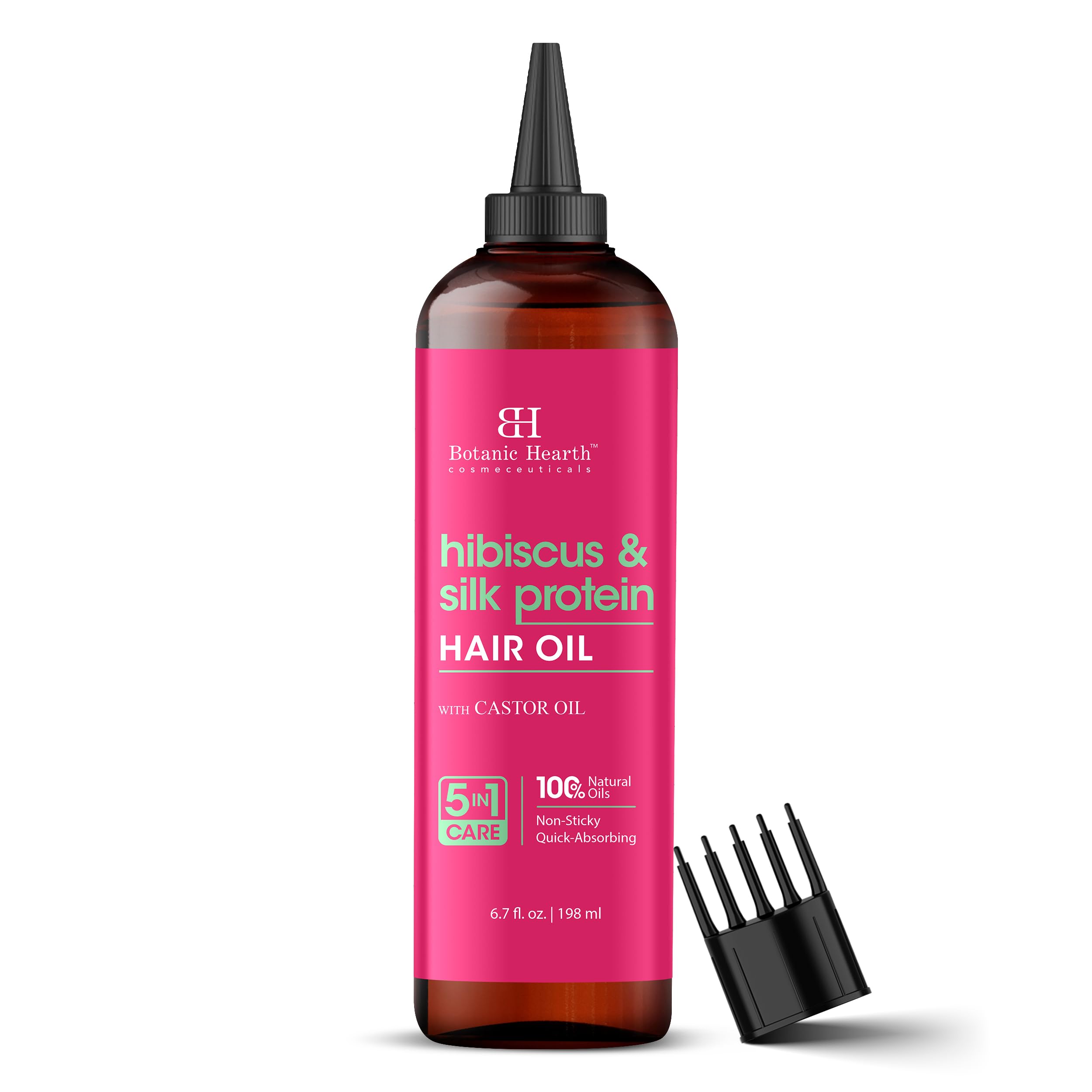 Botanic Hearth hibiscus silk protein oil bottle highlighting growth and shine