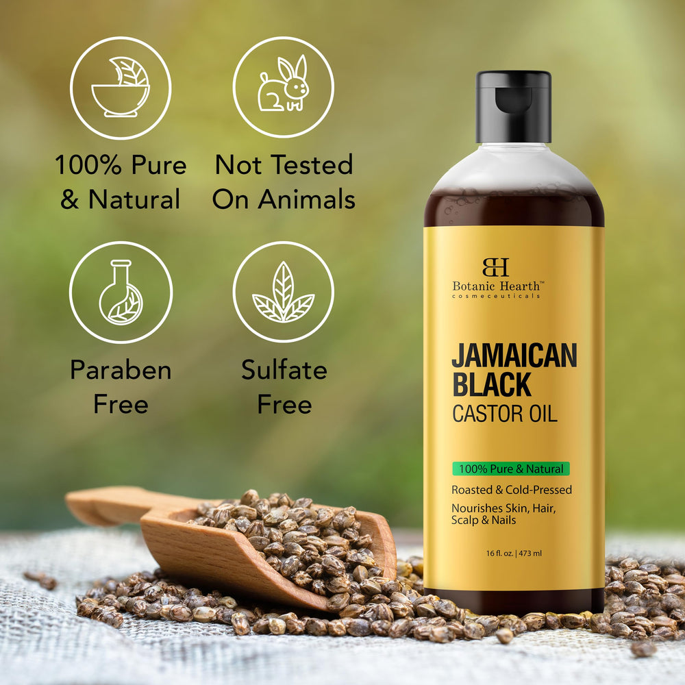Botanic Hearth Jamaican Black Castor Oil bottle highlights cold-pressed, natural hair and skin benefits.