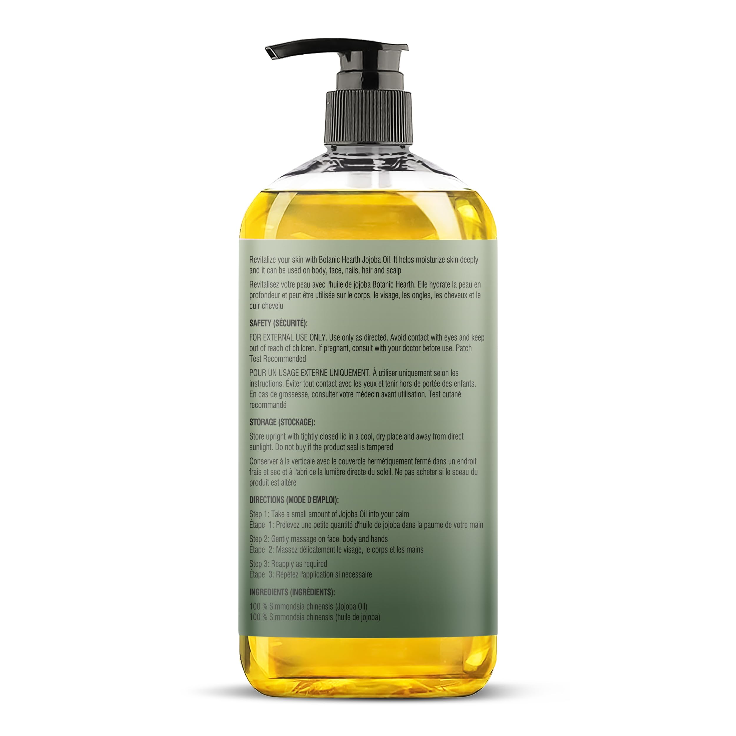 Botanic Hearth Jojoba Oil 8oz label highlighting pure, natural moisturization for skin.