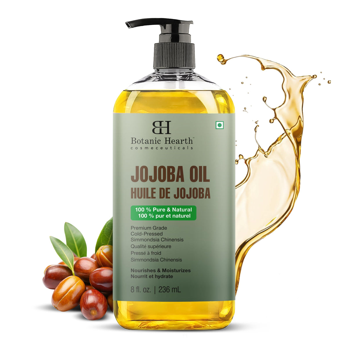 Botanic Hearth Massage Oil bottle closeup showing premium jojoba formula for soothing massages.