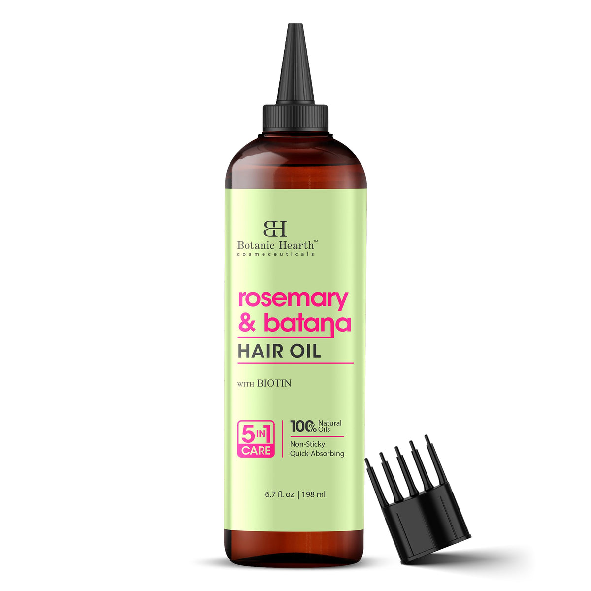 Botanic Hearth rosemary-batana hair oil bottle ready for use, nourishes hair.