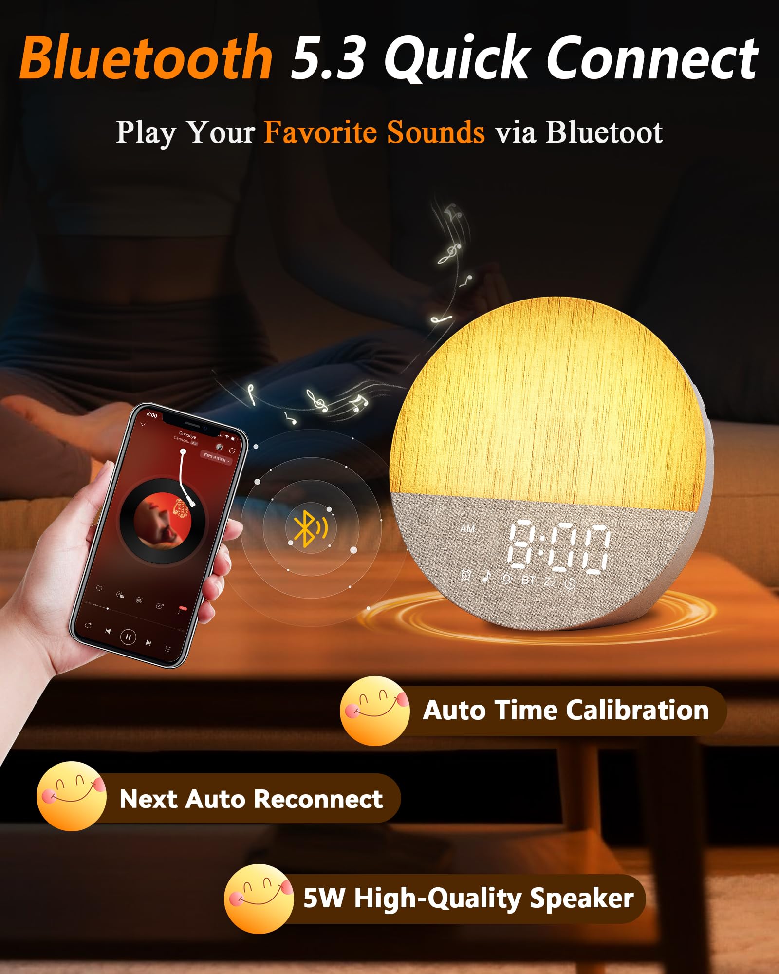 Botdoys Sunrise Alarm Clock in night mode shows dimmable glow for a calm bedroom ambiance.