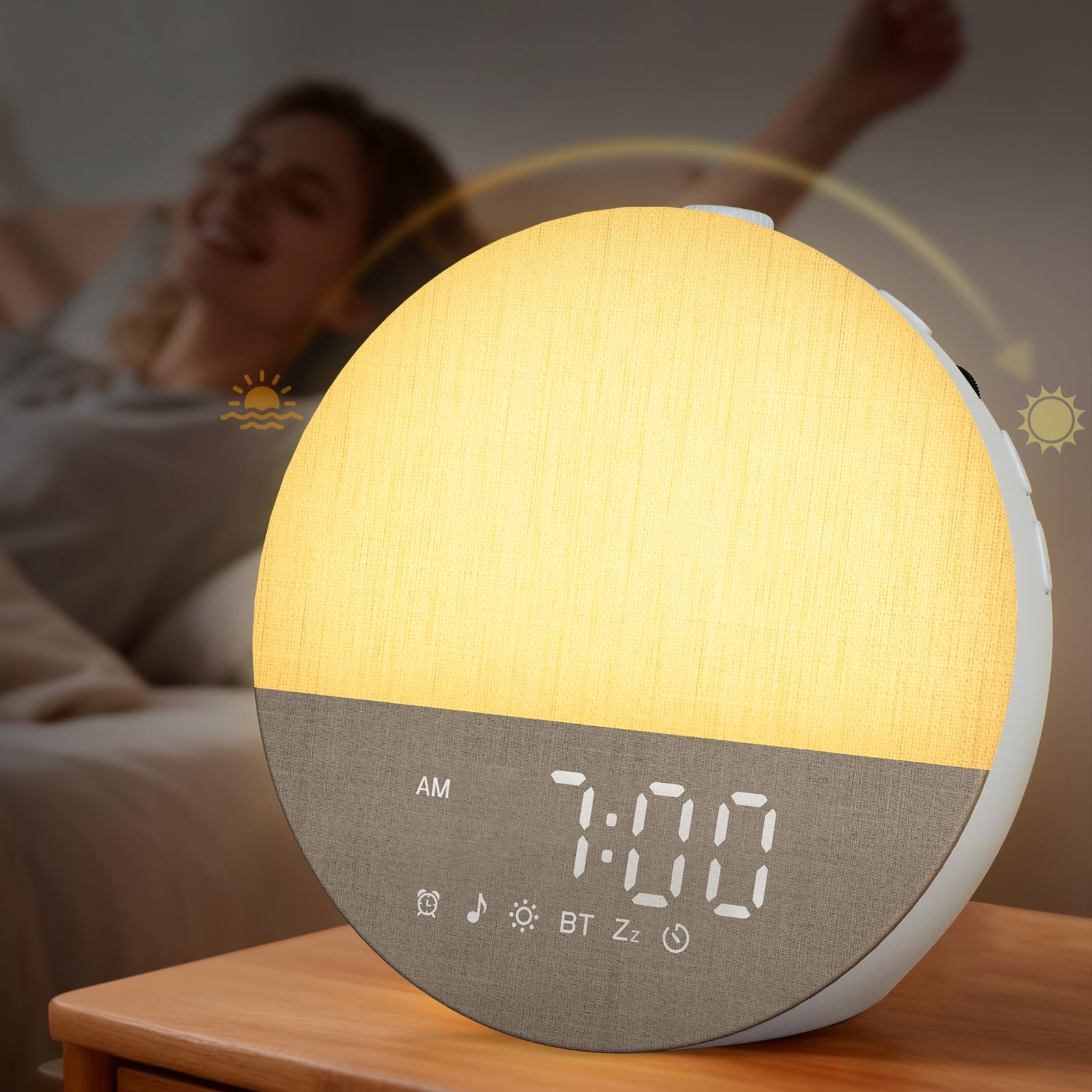 Botdoys Sunrise Alarm Clock front view demonstrates gentle sunrise progression for wakeful mornings.