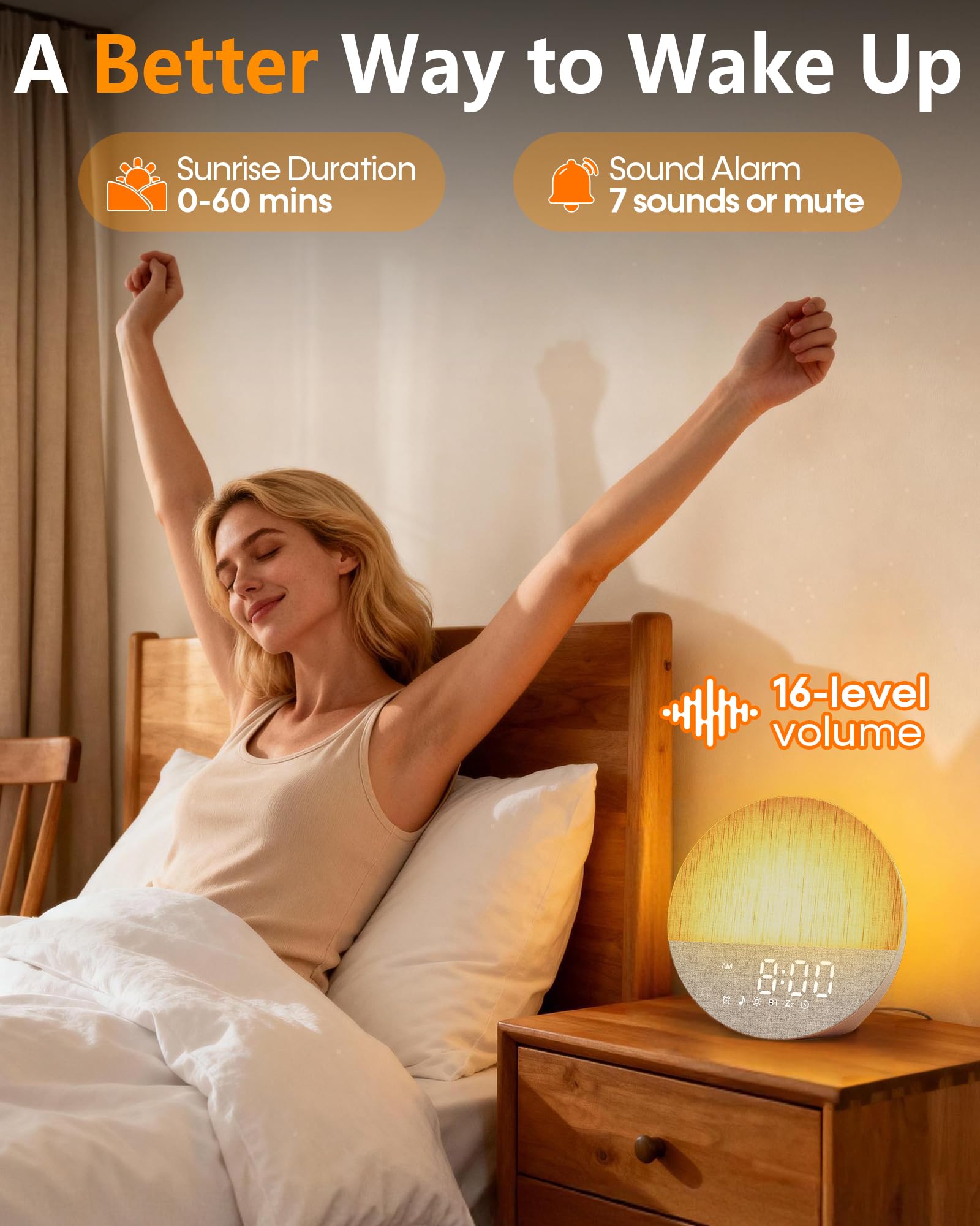 Botdoys Sunrise Alarm Clock minimalist design blends with modern bedrooms.
