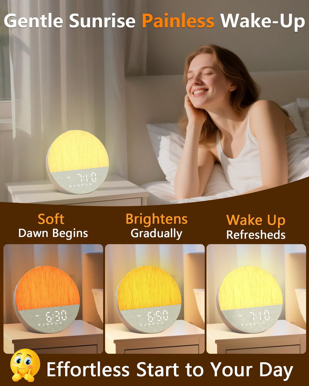 Botdoys Sunrise Alarm Clock side view highlights slim design for bedside setup.