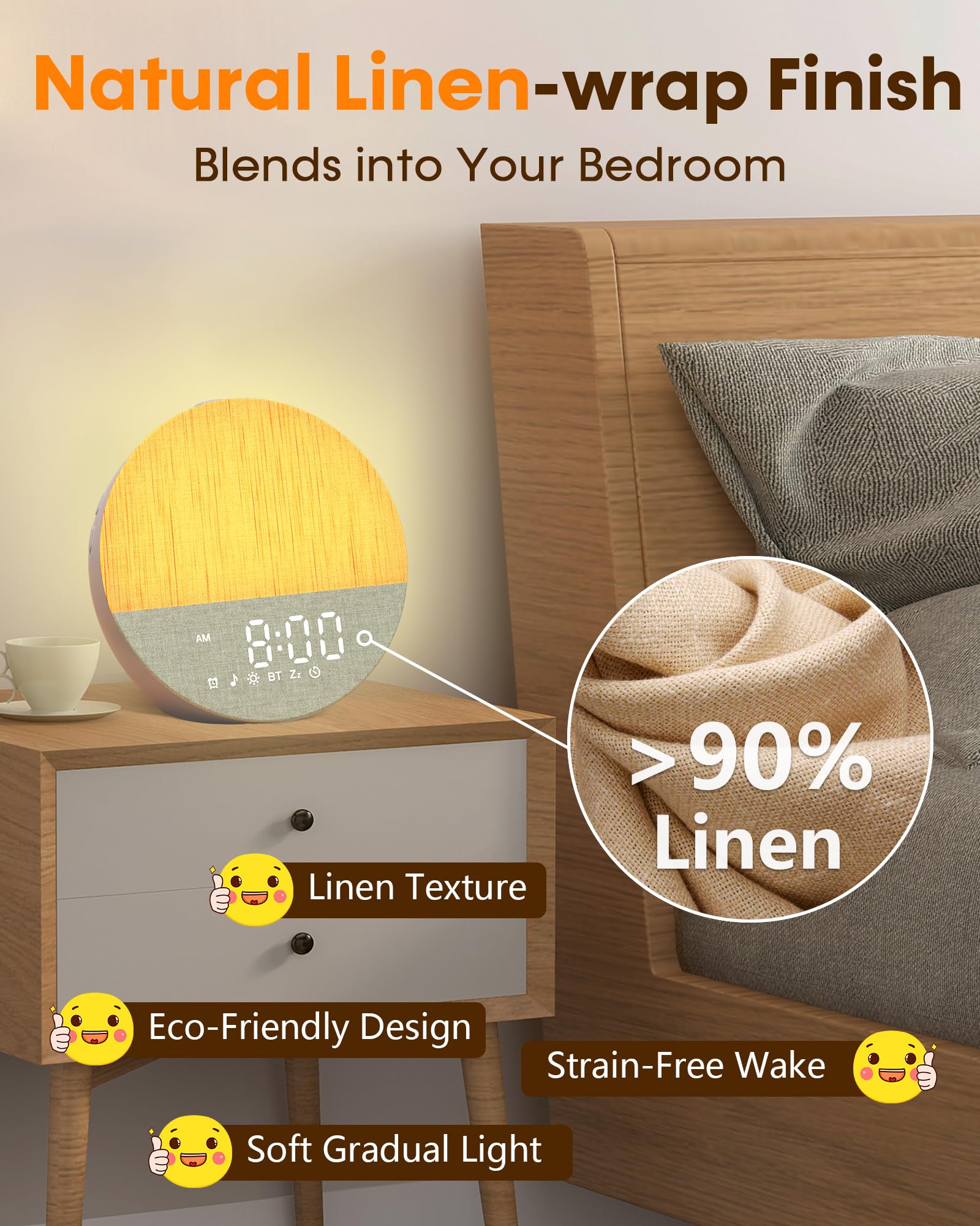 Botdoys Sunrise Alarm Clock sunset mode dims lights with soothing sounds for restful evenings.