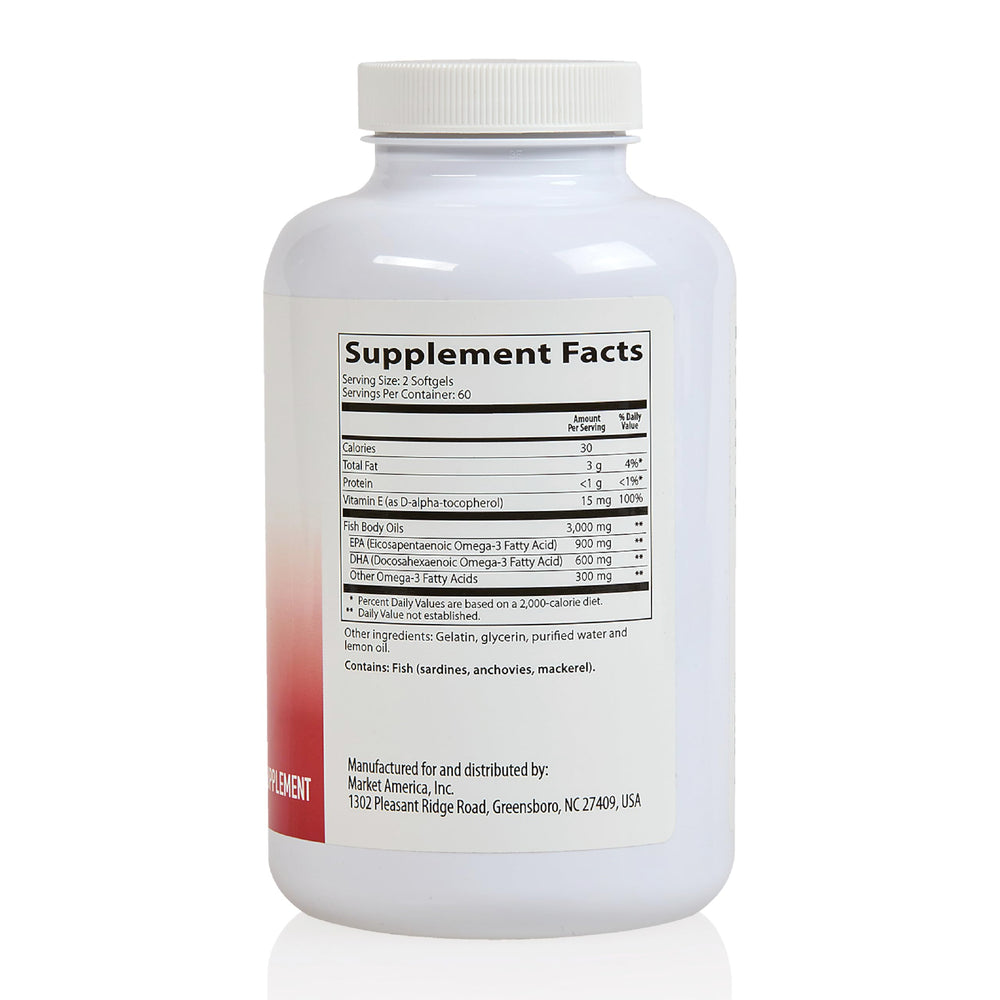 Serving scoop beside Heart Health Omega III bottle demonstrates easy dosage.