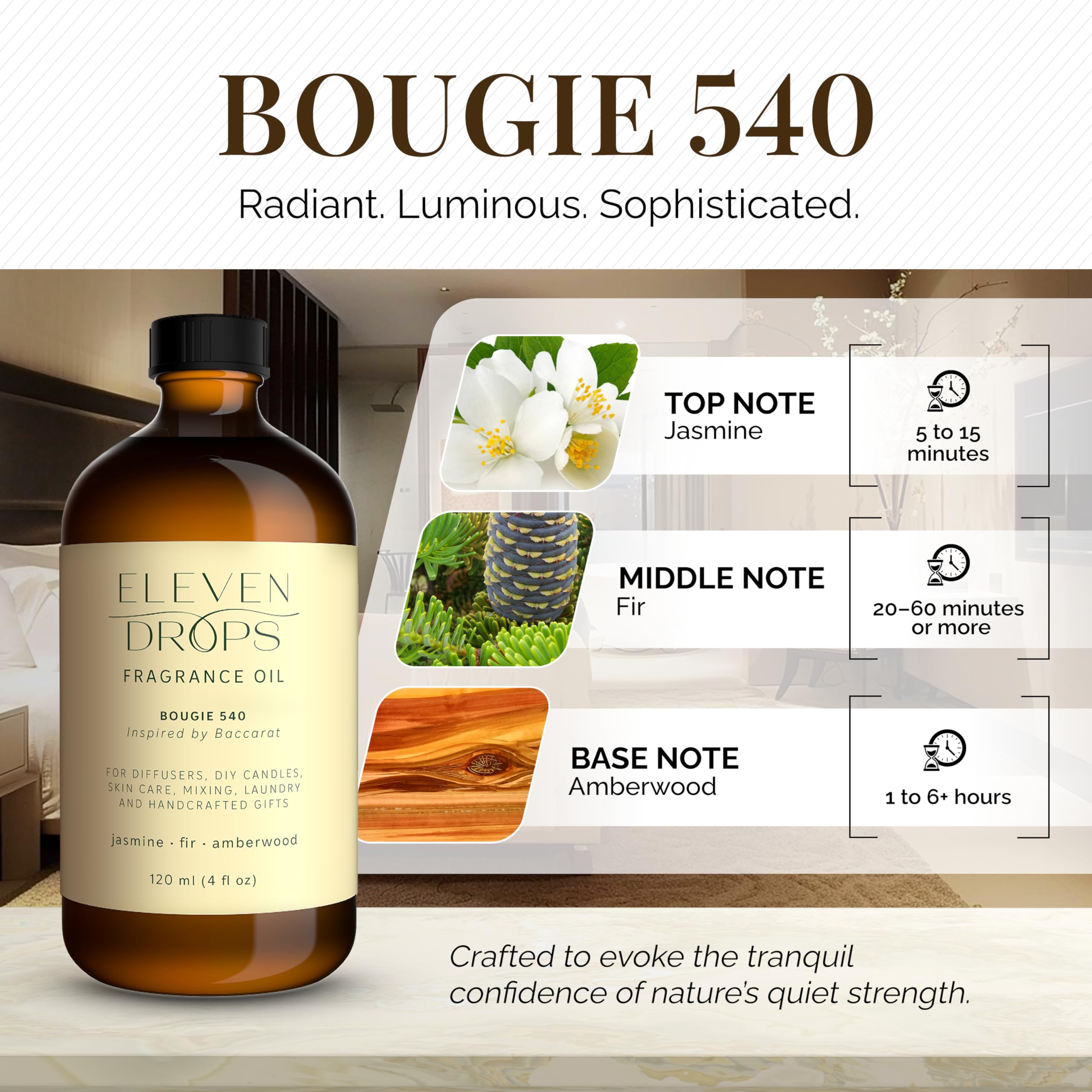 Bougie 540 jasmine-notes diffuser oil boosts ambiance in any room.