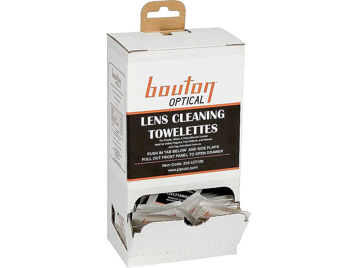 Bouton Optical lens cleaning towelette dispenser for quick anti-fog, streak-free lens maintenance.