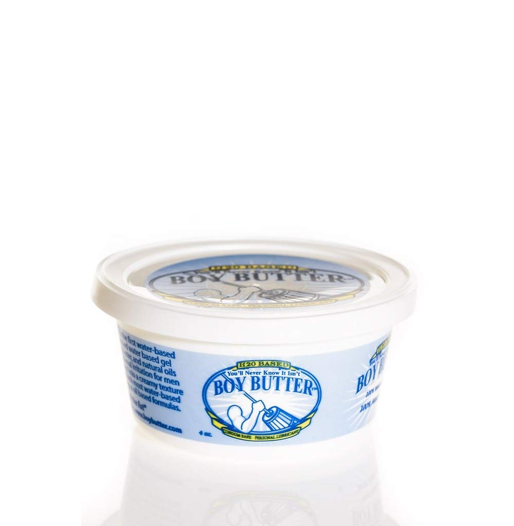Boy Butter H2O Base tub closeup highlighting smooth water-based formula for versatile use