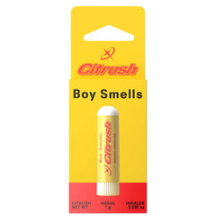 Boy Smells Citrus Sniffer nasal stick in hand with menthol citrus aroma.