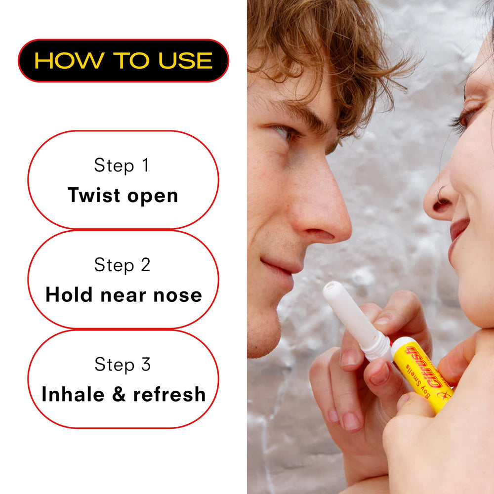 Packaging of Boy Smells Citrus Sniffer highlights portable design.