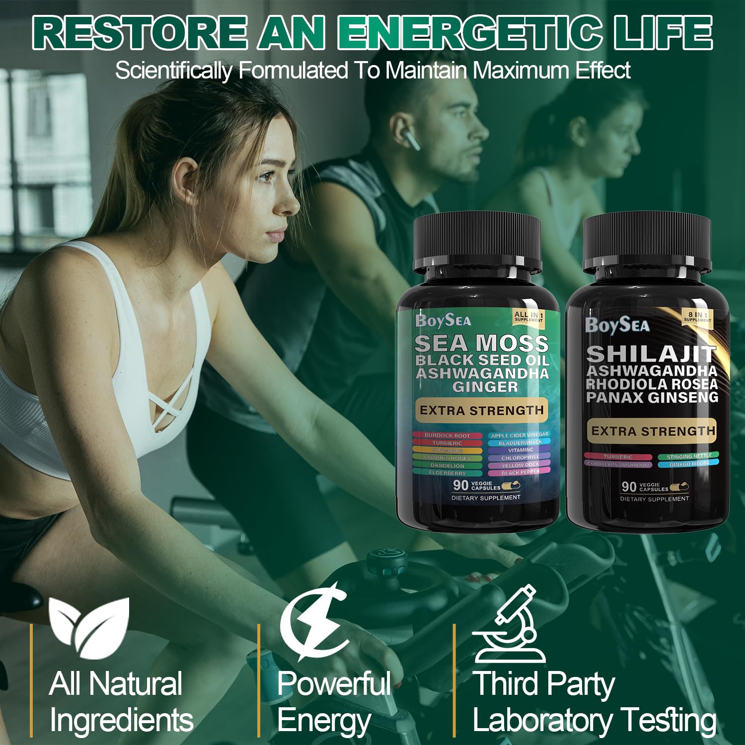 Two-bottle packaging held by hands demonstrates convenient daily supplementation.