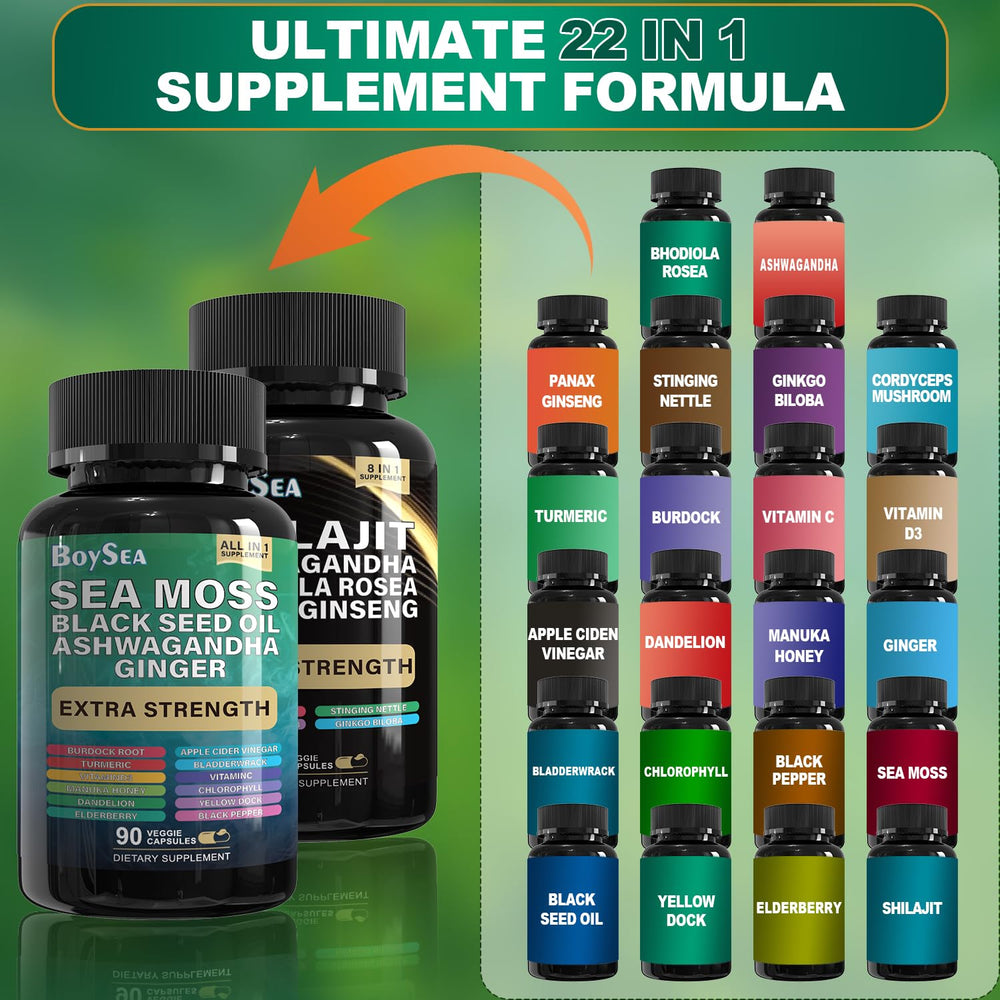 Boysea Sea Moss capsules close-up featuring Black Seed Oil and a diverse blend.