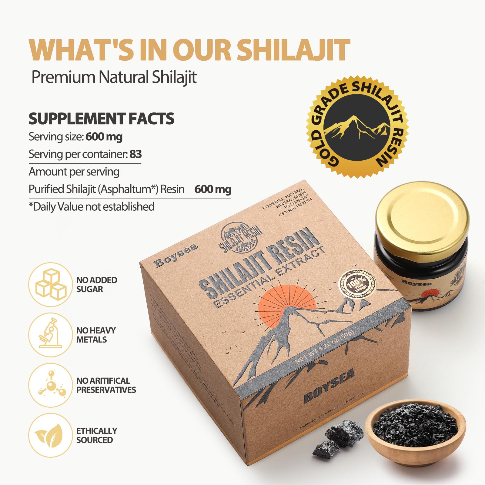 Boysea Shilajit resin jar packaging shows authentic Himalayan sourcing.
