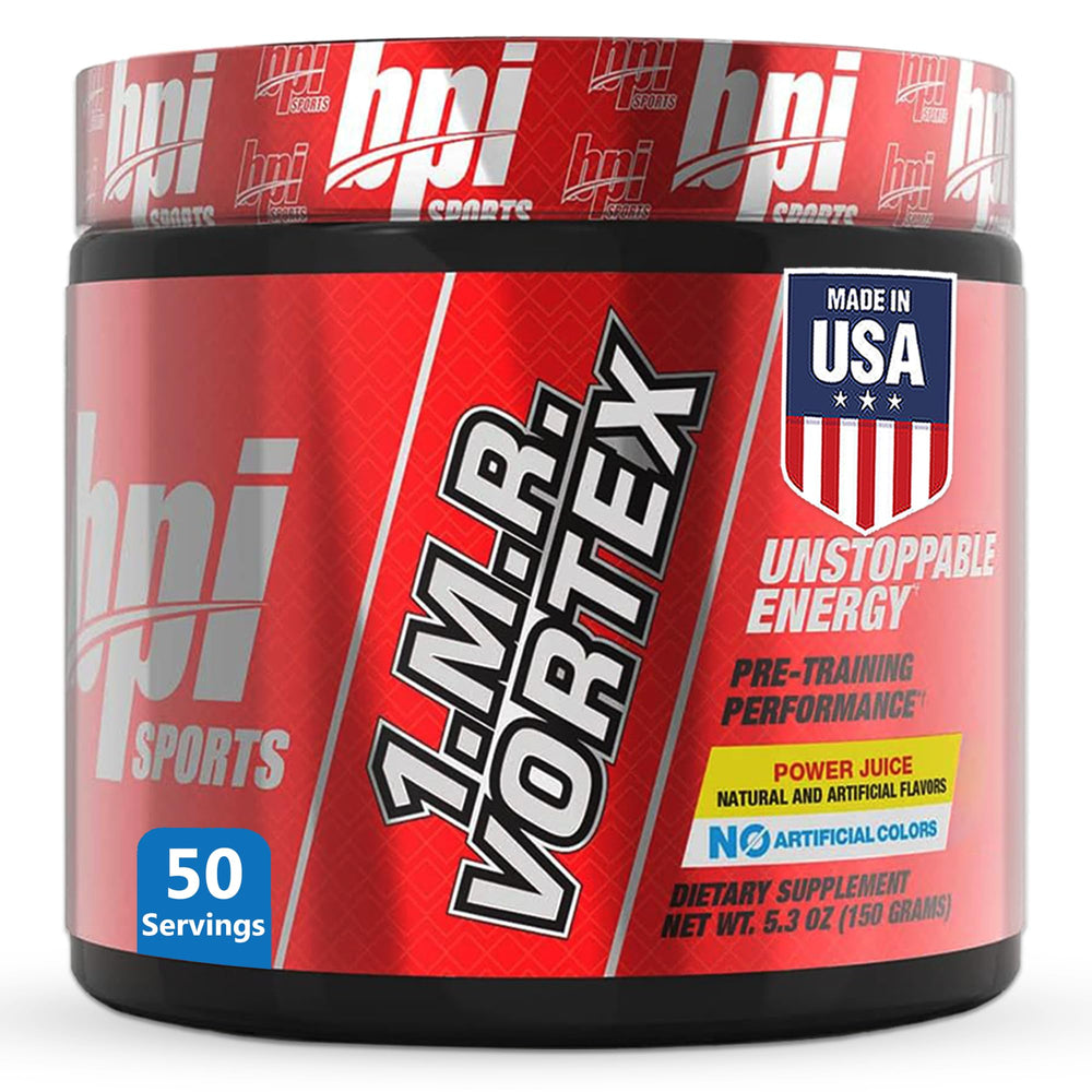 BPI Sports 1.M.R Vortex front packaging with Power Juice flavor for pre-workout energy.