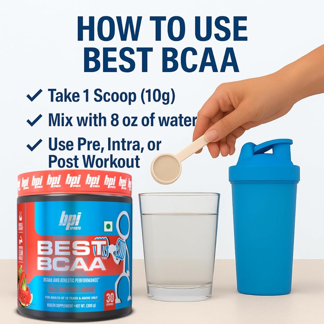 Close-up of BPI Sports Best BCAA Powder highlights crisp flavor and hydration.
