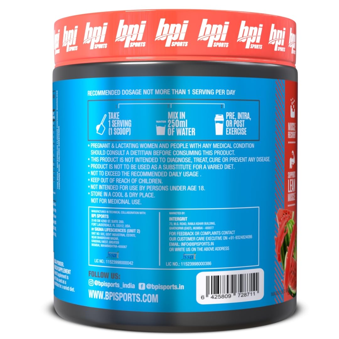 BPI Sports Best BCAA Powder Watermelon Ice in a glass aids post-workout recovery.