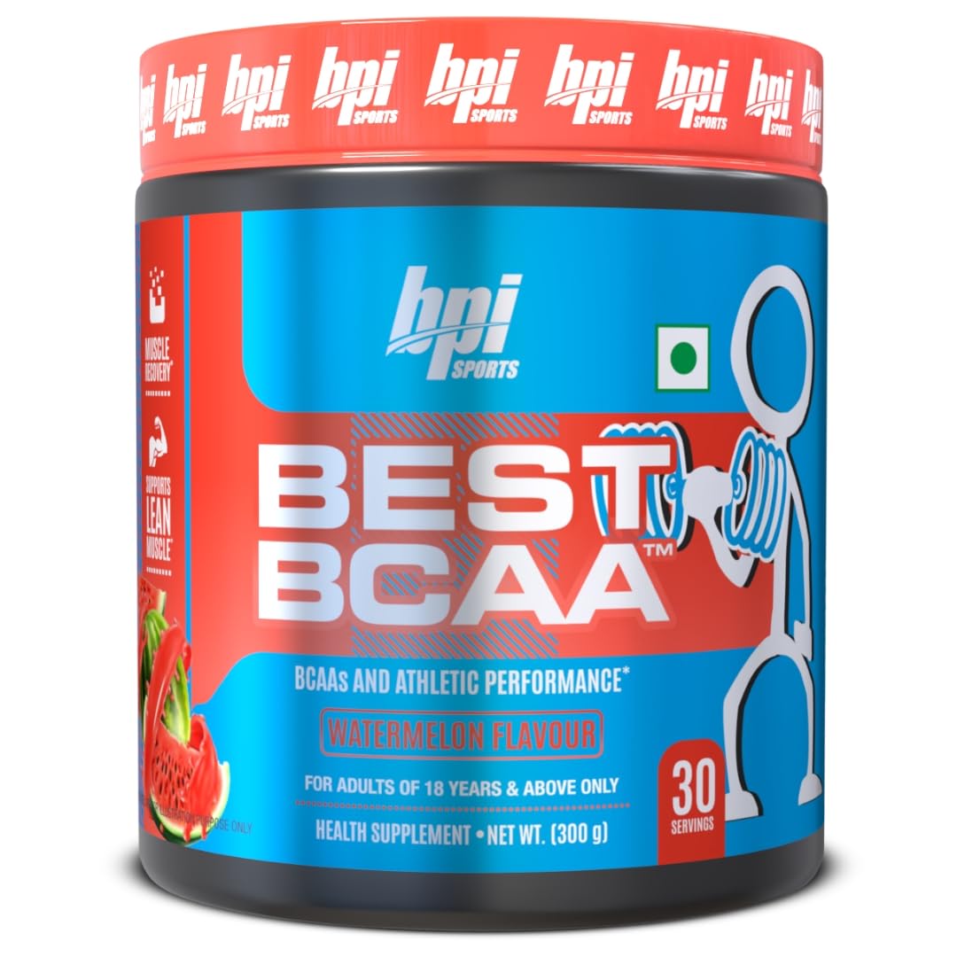BPI Sports Best BCAA Powder Watermelon Ice tub showcases hydration and recovery support.
