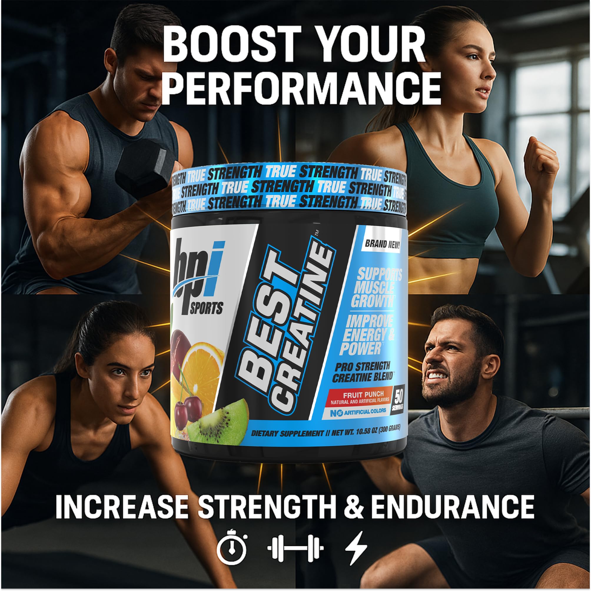 BPI Sports Best Creatine powder jar communicates no loading needed