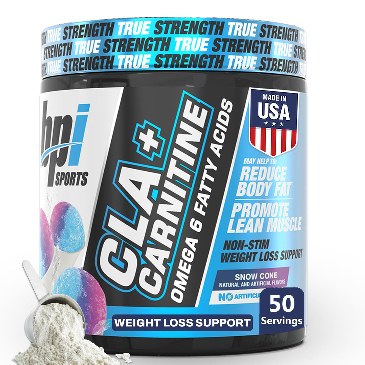 BPI Sports CLA+Carnitine bottle front highlights non-stimulant fat metabolism support.