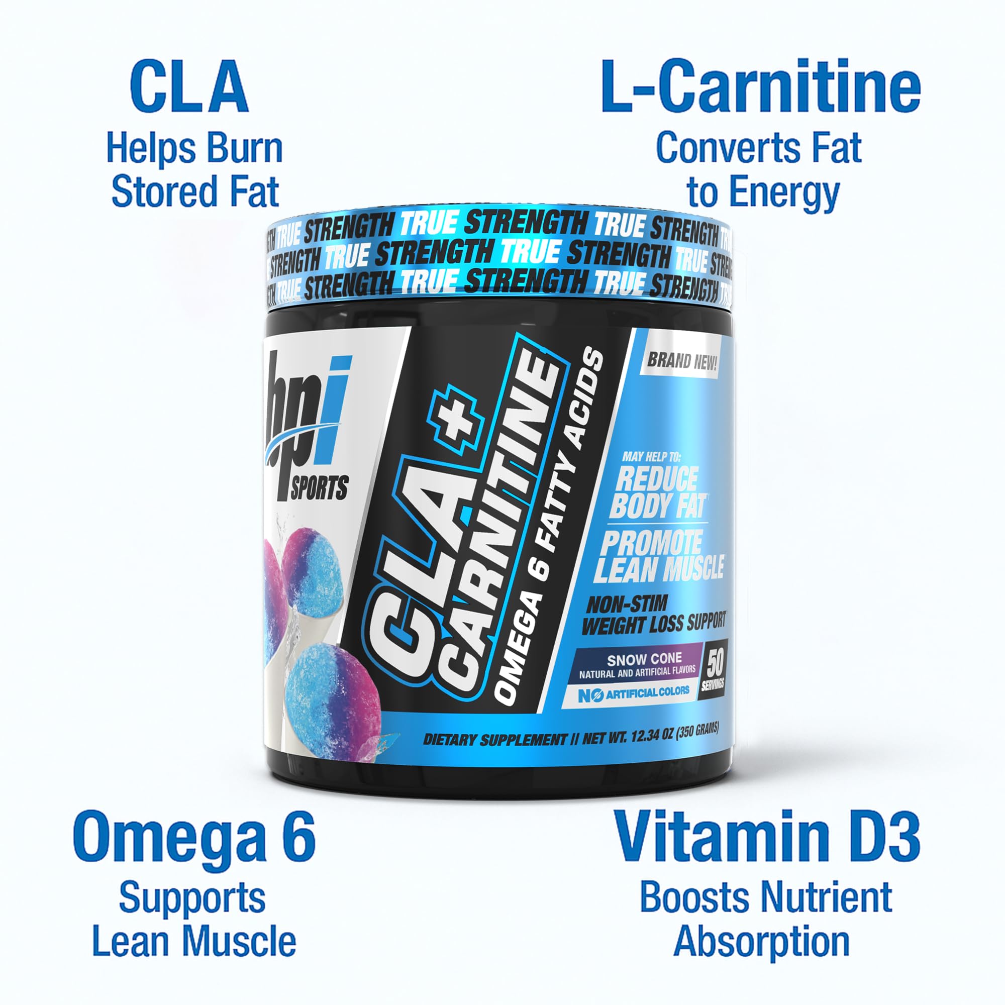BPI Sports CLA+Carnitine ingredients closeup for potential fat metabolism support.