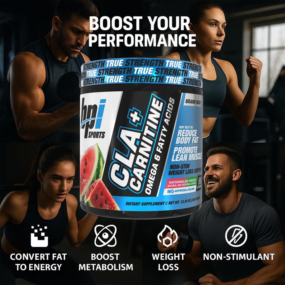 BPI Sports CLA+Carnitine label closeup highlights CLA and L-Carnitine.