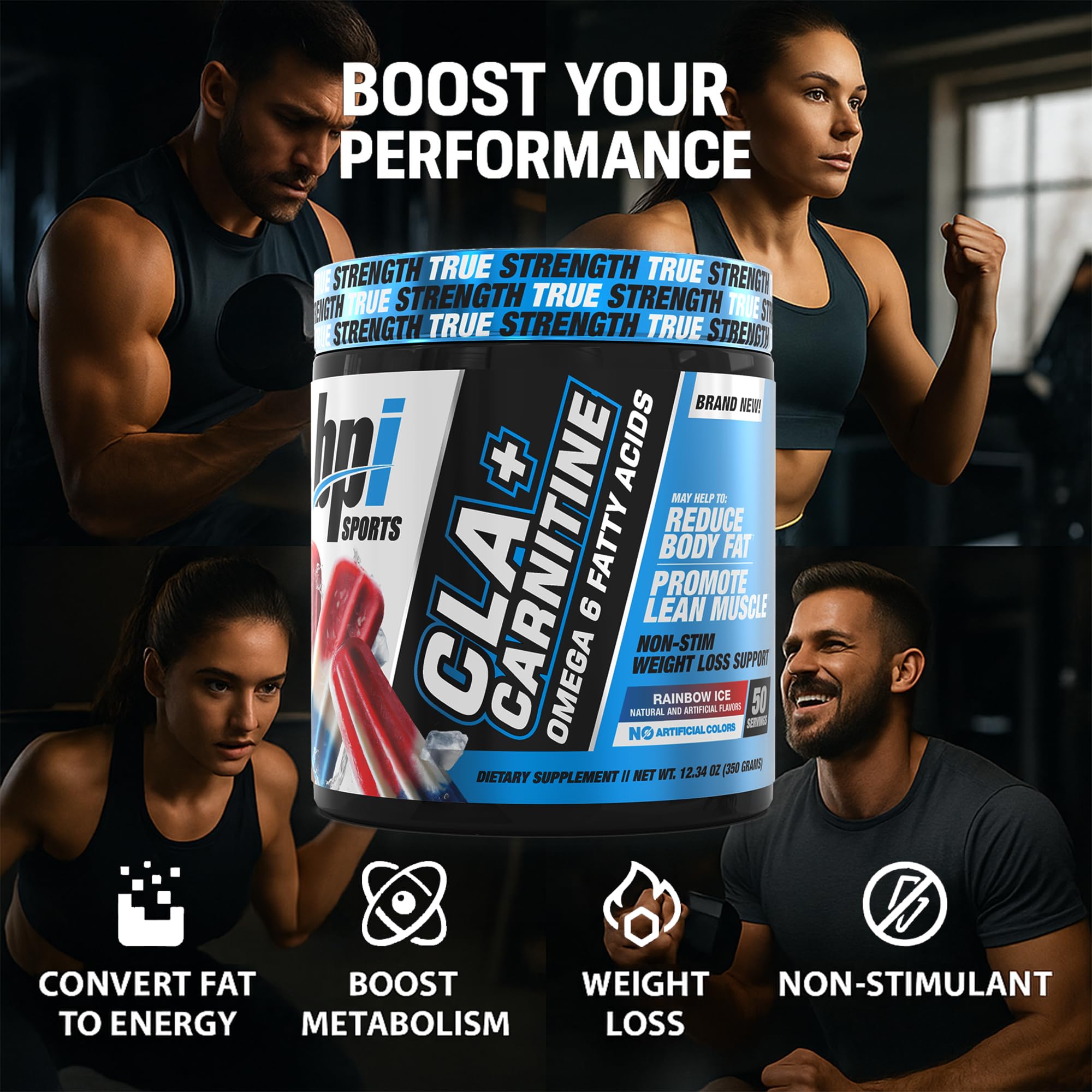 Front label of BPI Sports CLA+Carnitine with Rainbow Ice flavor