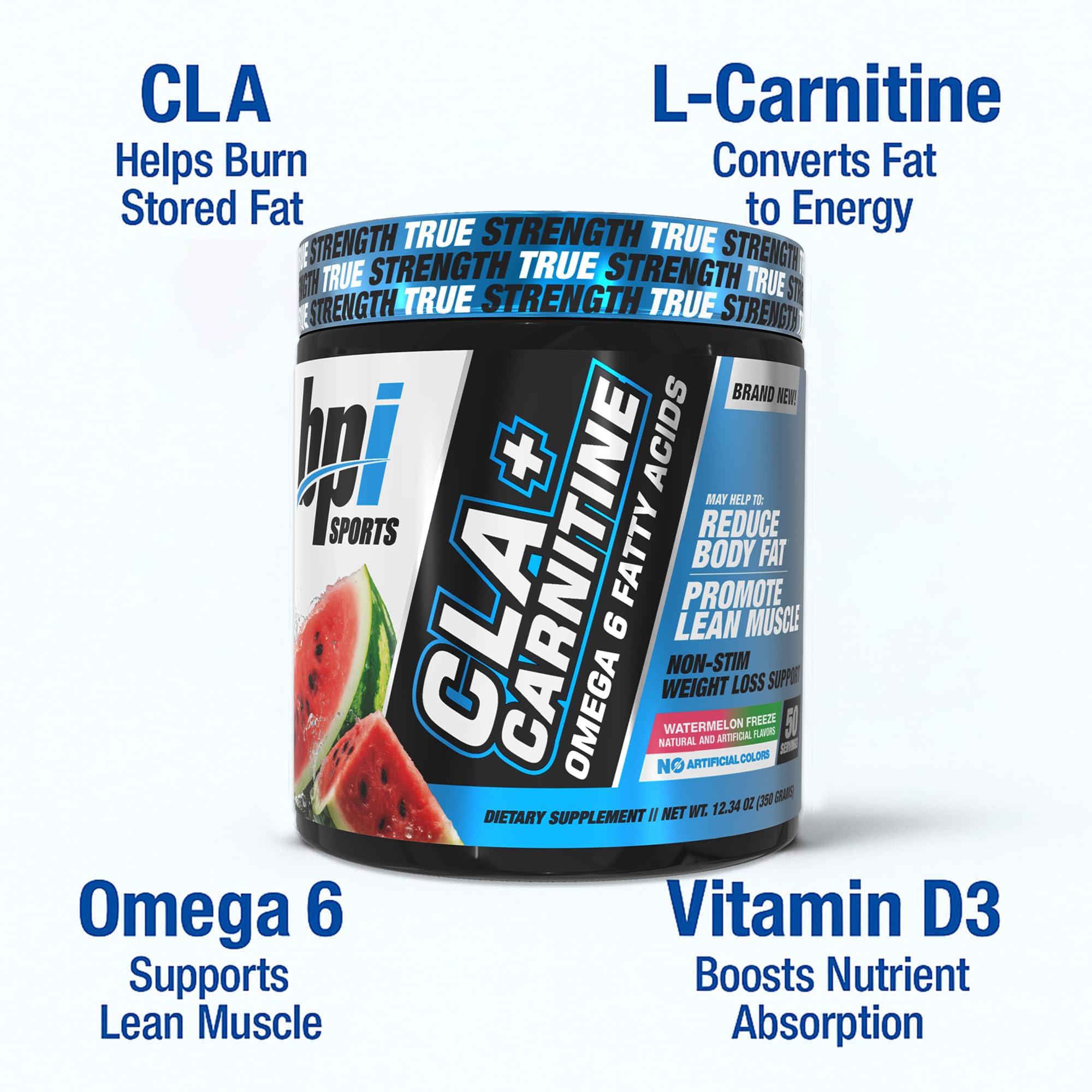 BPI Sports CLA+Carnitine bottle shows caffeine-free metabolism-friendly profile.