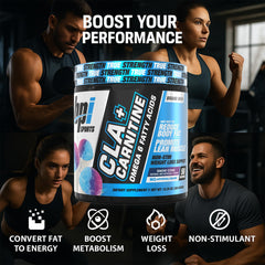 BPI Sports CLA+Carnitine powder scoop for easy ice-water mixing.