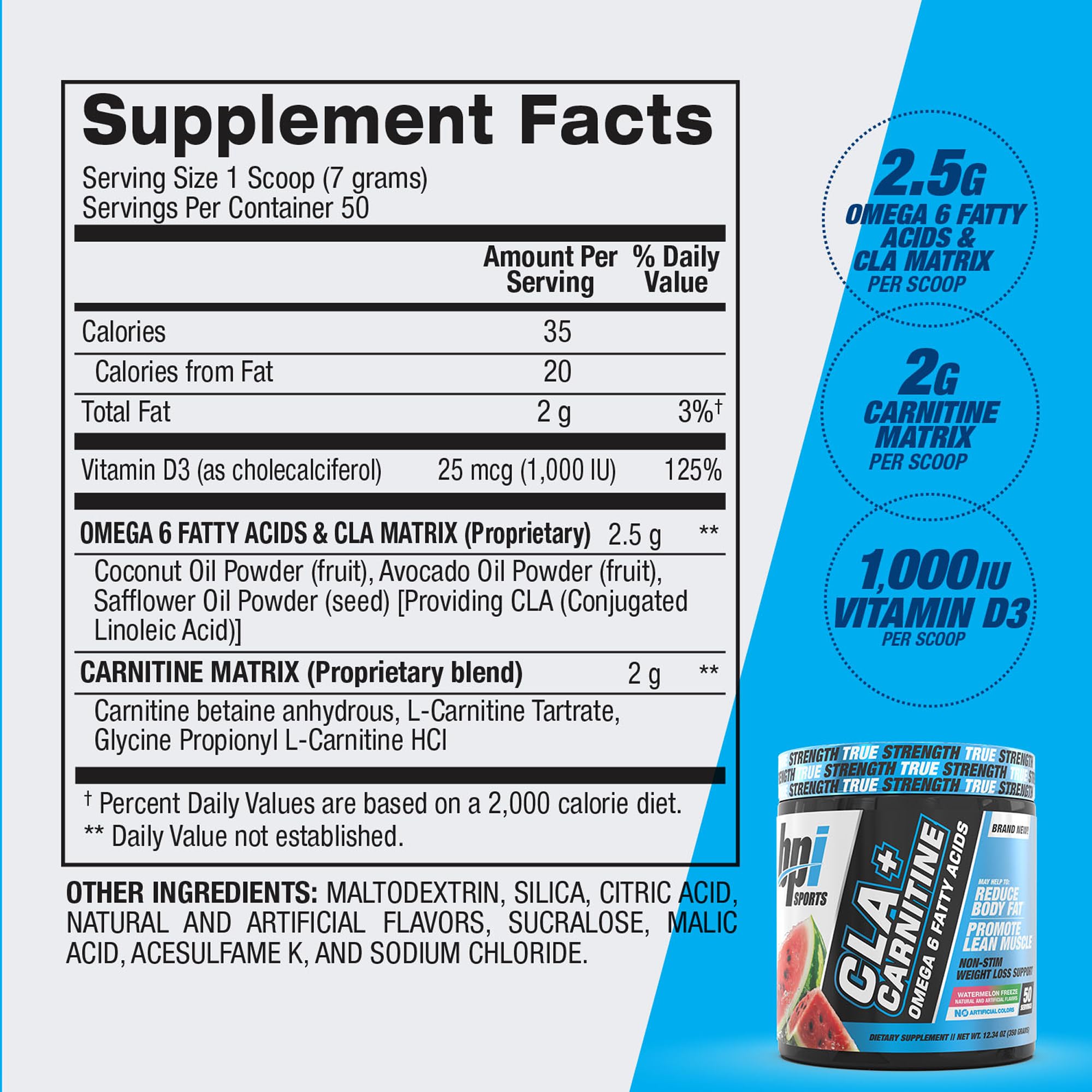 BPI Sports CLA+Carnitine serving scoop demonstrates non-stimulant routine.