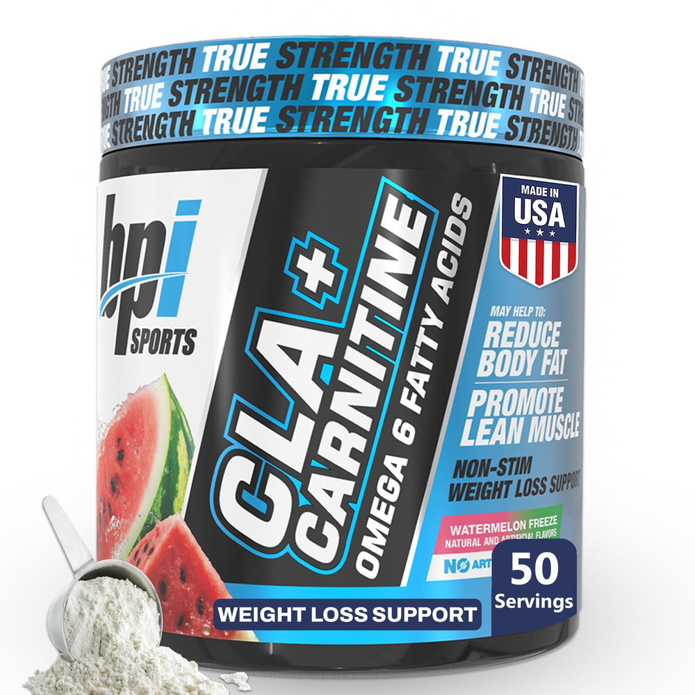 BPI Sports CLA+Carnitine Watermelon Freeze bottle shows stimulant-free fat-to-energy support.