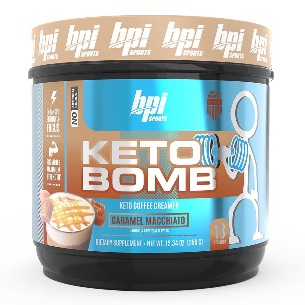 BPI Sports Keto Bomb packaging showing caramel macchiato flavor and keto-friendly creamer