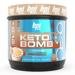 BPI Sports Keto Bomb packaging showing caramel macchiato flavor and keto-friendly creamer