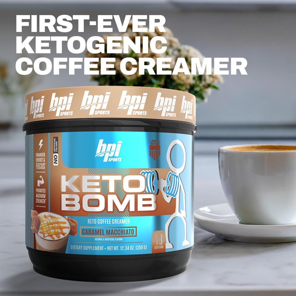 Ready-to-stir Keto Bomb scoop beside a coffee mug