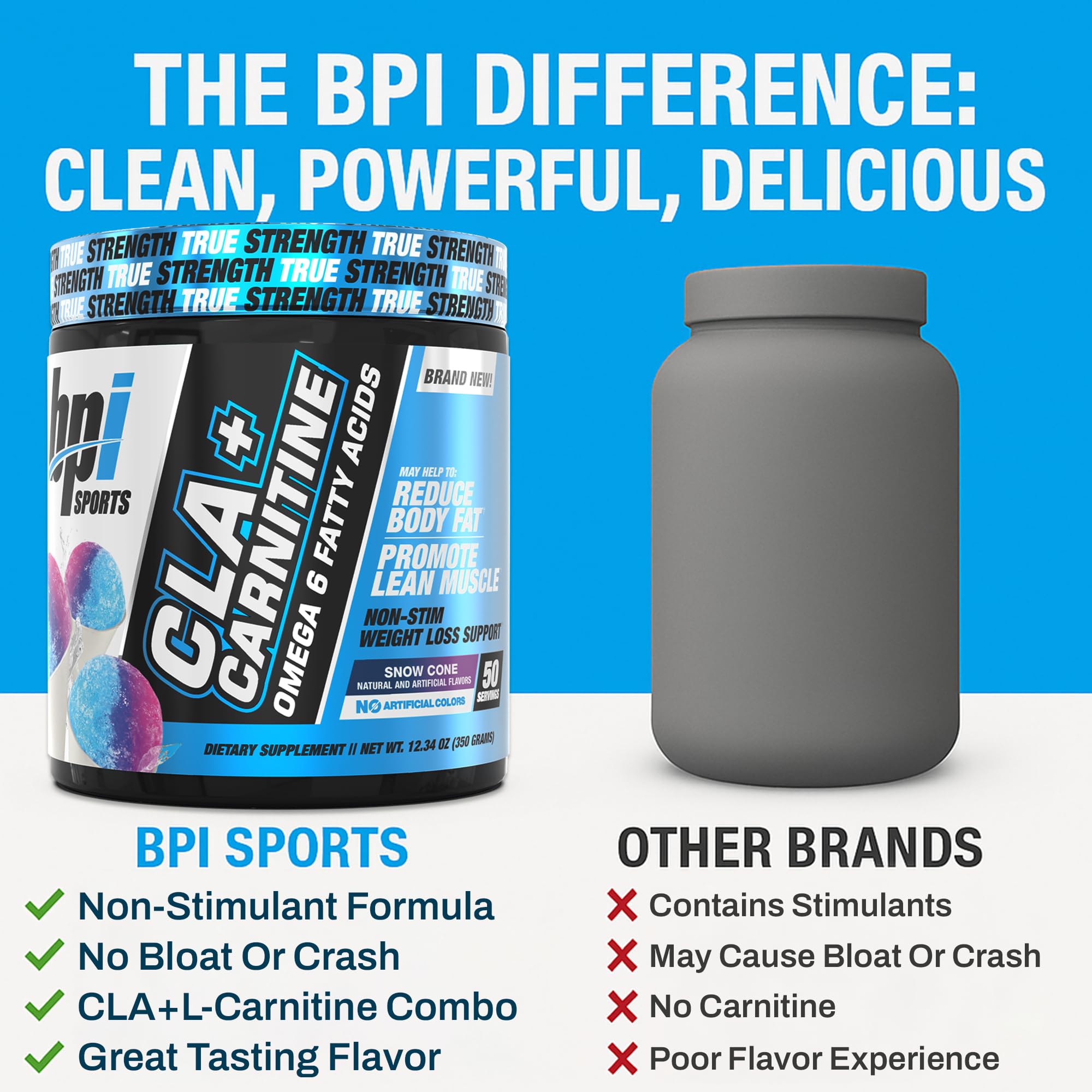 BPI Sports Snow Cone flavor label emphasizes caffeine-free formula.