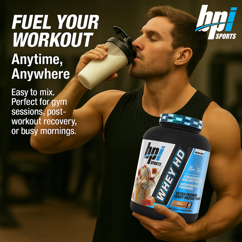 BPI Sports Whey HD chocolate cookie powder close-up highlighting premium protein blend.