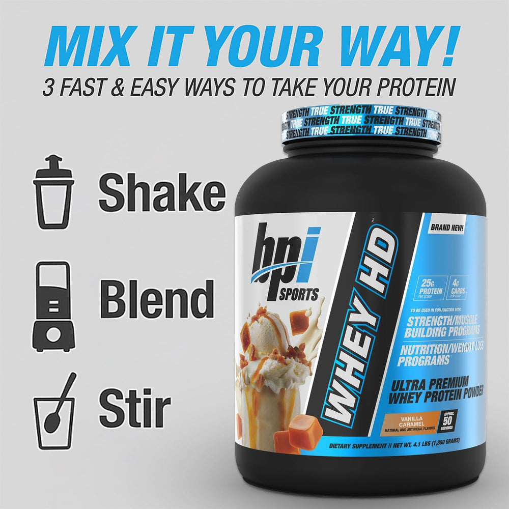 BPI Sports Whey HD shake with water illustrating quick post-workout mix.