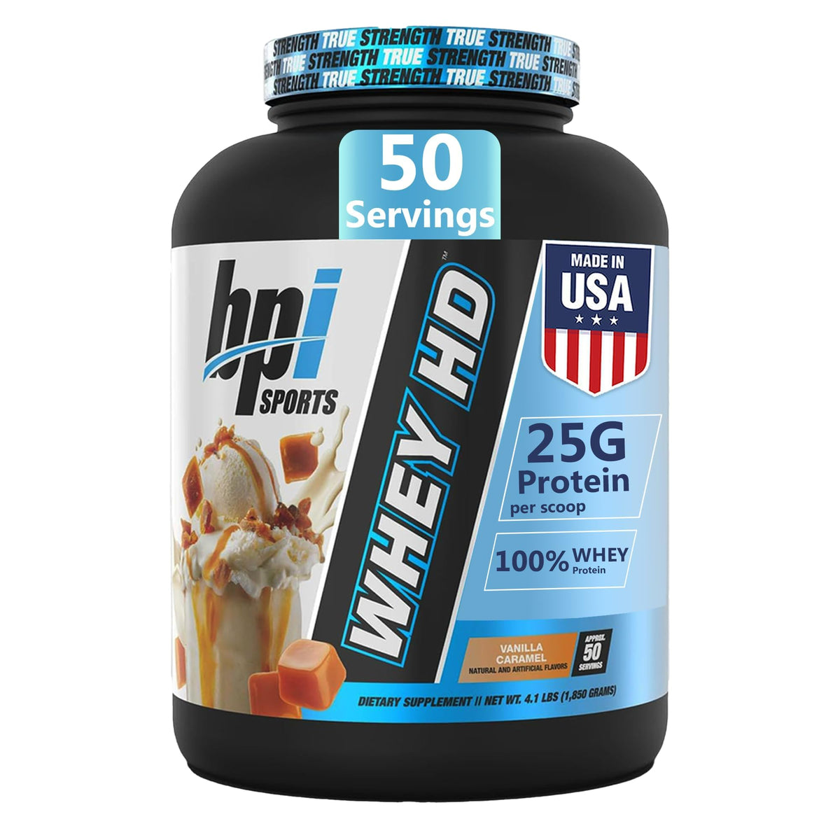 BPI Sports Whey HD vanilla caramel powder close-up showing premium protein texture for muscle recovery.