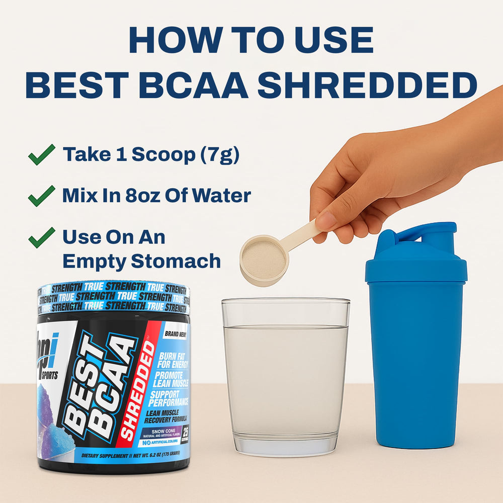 BPI Sports Best BCAA Shredded athlete man showing recovery after lifting.