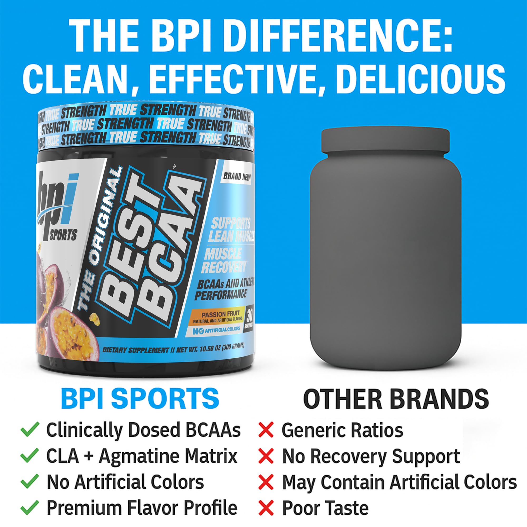 Powder dissolving in water highlights fast-absorbing BCAA formula.