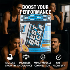 Label close-up showing Passion Fruit flavor on the BPI Best BCAA container.