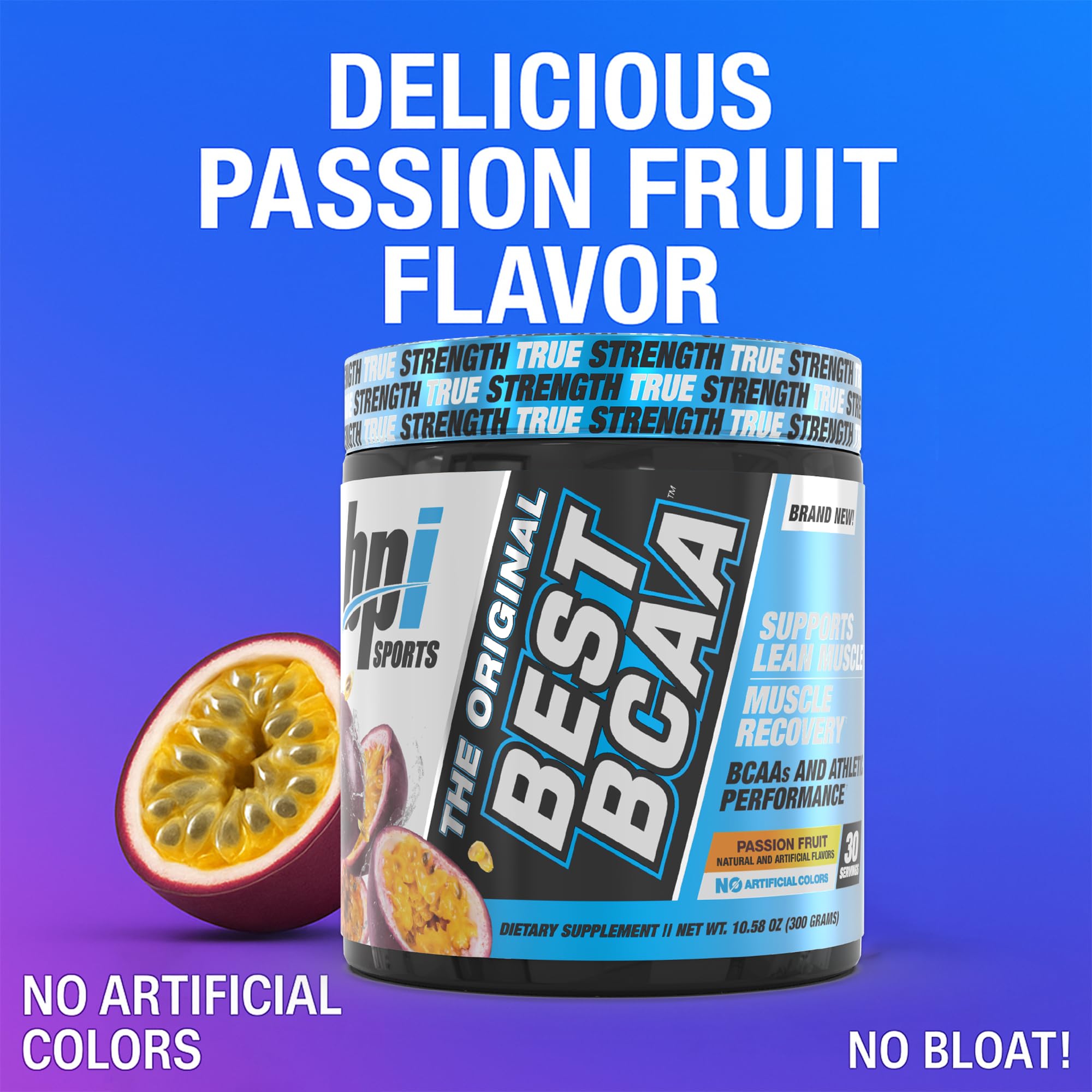 Close-up of the Passion Fruit BPI Best BCAA tub beside a glass for hydration.