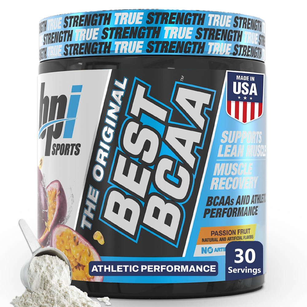BPI Sports Best BCAA Powder in Passion Fruit flavor on its tub, supporting recovery and hydration.