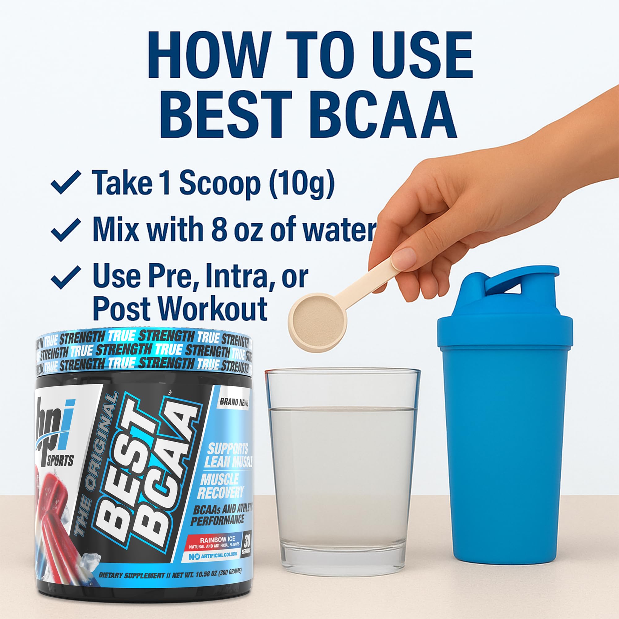 BPI Sports Best BCAA Rainbow Ice bottle on shelf for convenient post-workout support