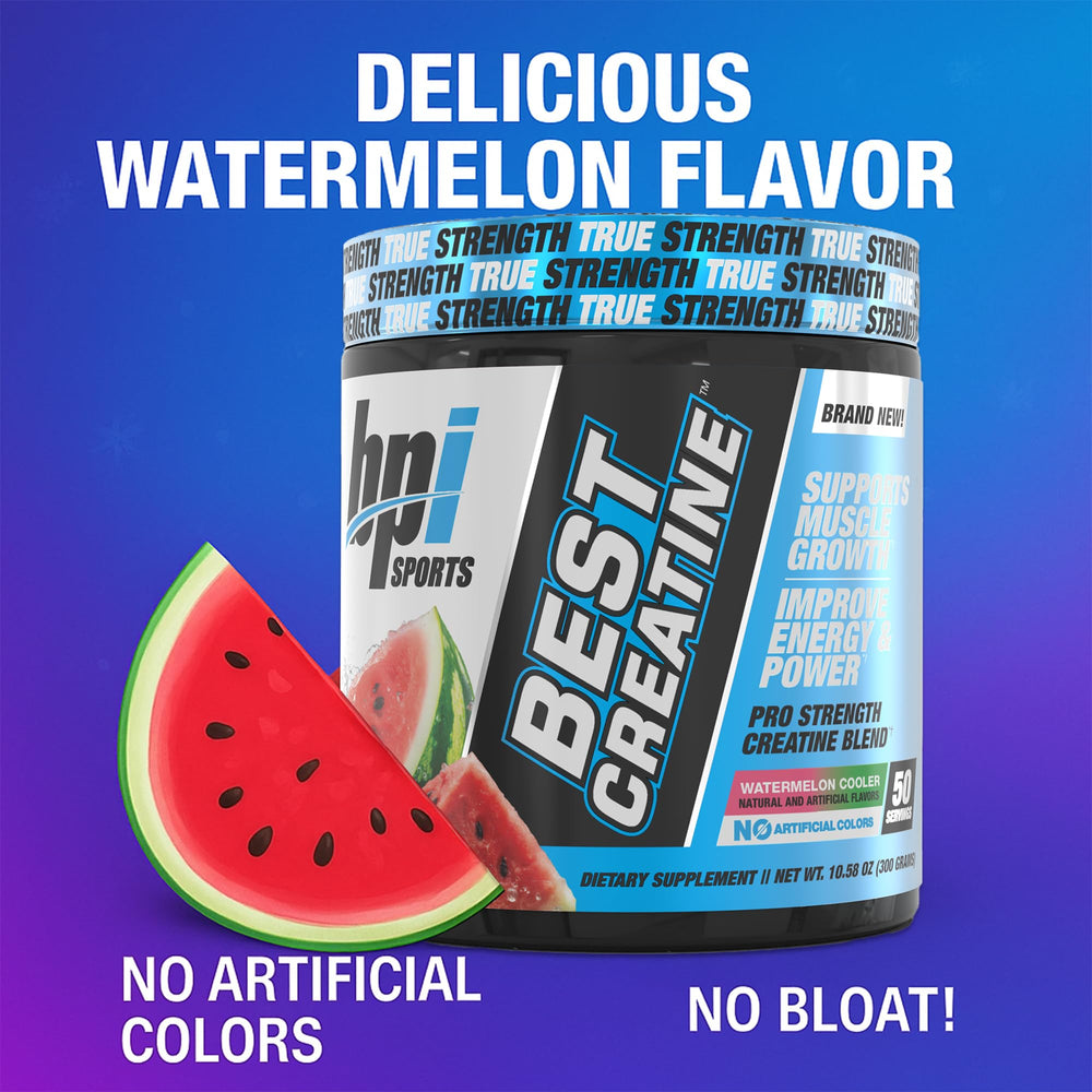 BPI Sports Best Creatine Watermelon Cooler powder closeup highlighting fine texture.