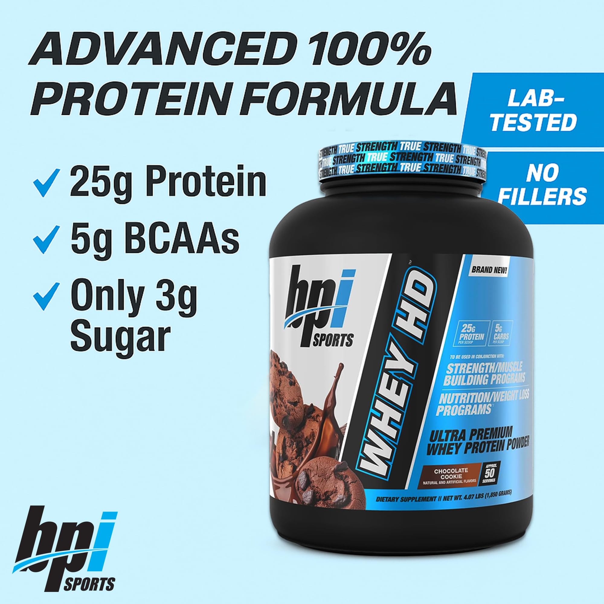 BPISports Whey HD powder bag label emphasizes clean ingredients