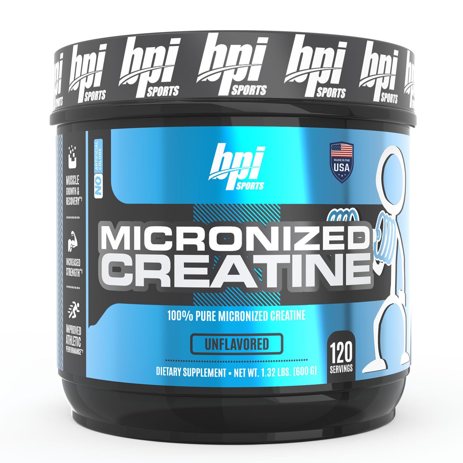 BPI Sports Micronized Creatine bottle front view showing strength support and clean label.