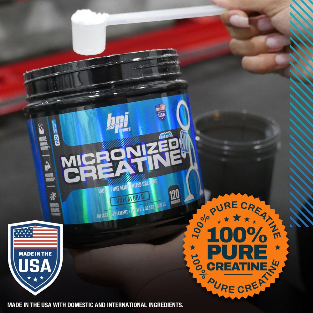 BPI Sports Micronized Creatine bottle with serving spoon ready for daily use.